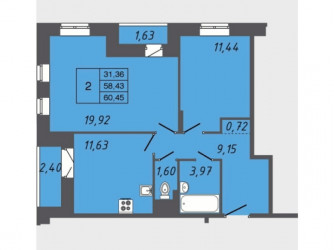 Двухкомнатная квартира 60.45 м²