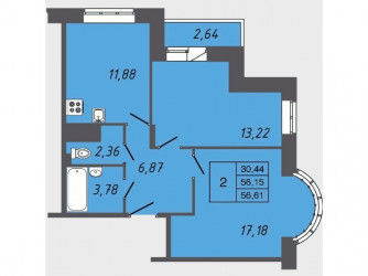 Двухкомнатная квартира 56.6 м²