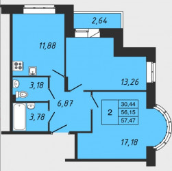 Двухкомнатная квартира 57.12 м²